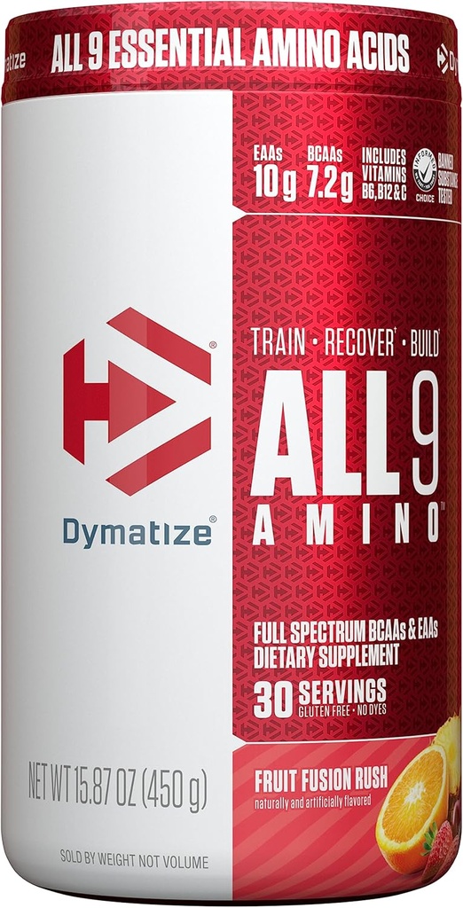 Dymatize All9 Amino, 7,2g BCAAs, 10g Full Spectrum Essential Amino Acids Per Serving for Recovery and muscle Protein Synthesis, Fruit Fusion Rush, 30 Servings, 15,87 Ουγγιά