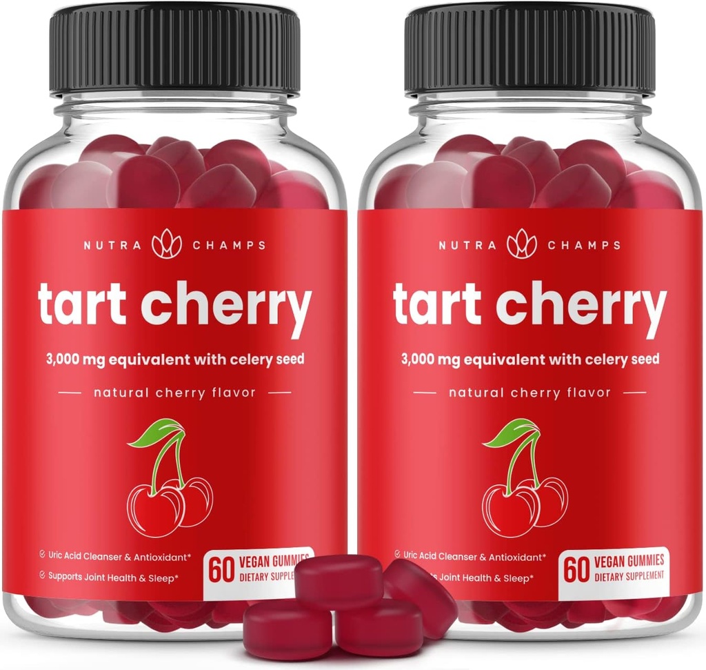NutraChamps Tart Cherry Gummies - 3000mg Tart Cherry Extract with Celery Seed - Συμπλήρωμα καθαρισμού ουρικού οξέος - Αντιοξειδωτικό, Κοινή άνεση, Ευκαμψία, Ανοσοποιητική Υγεία, Ύπνος - 60 Vegan Gummies (2-Pack)