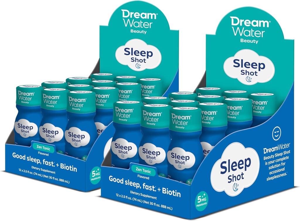 Συμπληρώματα για το ποτό Dream Water Beauty Sleep Aid; Μελατονίνη 5mg, GABA, 5-HTP, Plus Βιοτίνη για το υγιές δέρμα, τα μαλλιά και τα νύχια; 2,5 oz Liquid Sleep Shots, Zen Tonic 24 Count