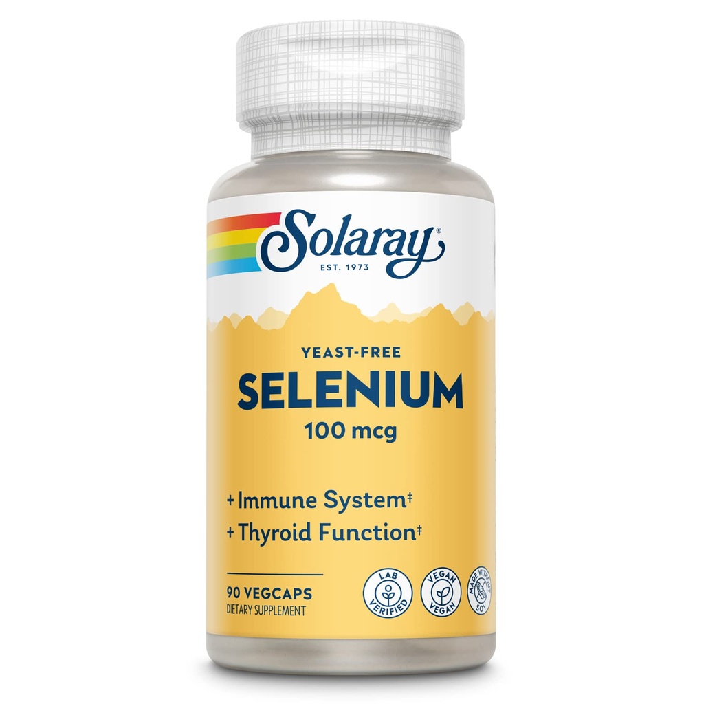 Solaray Yeast Free Selenium 100mcg, Υγιής Ανοσοποιητική & Θυρεοειδής Υποστήριξη Λειτουργία, Ενισχυμένη Απορρόφηση, 90 Serv, 90 VegCaps