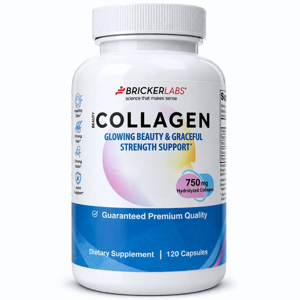 Bricer Labs Collagen για άνδρες και γυναίκες - Τύπος Ι, III Υδρολυμένο Collagen Συμπλήρωμα 750mg, 1 κάψουλα κολλαγόνου Καθημερινή - 120 εξυπηρετήσεις