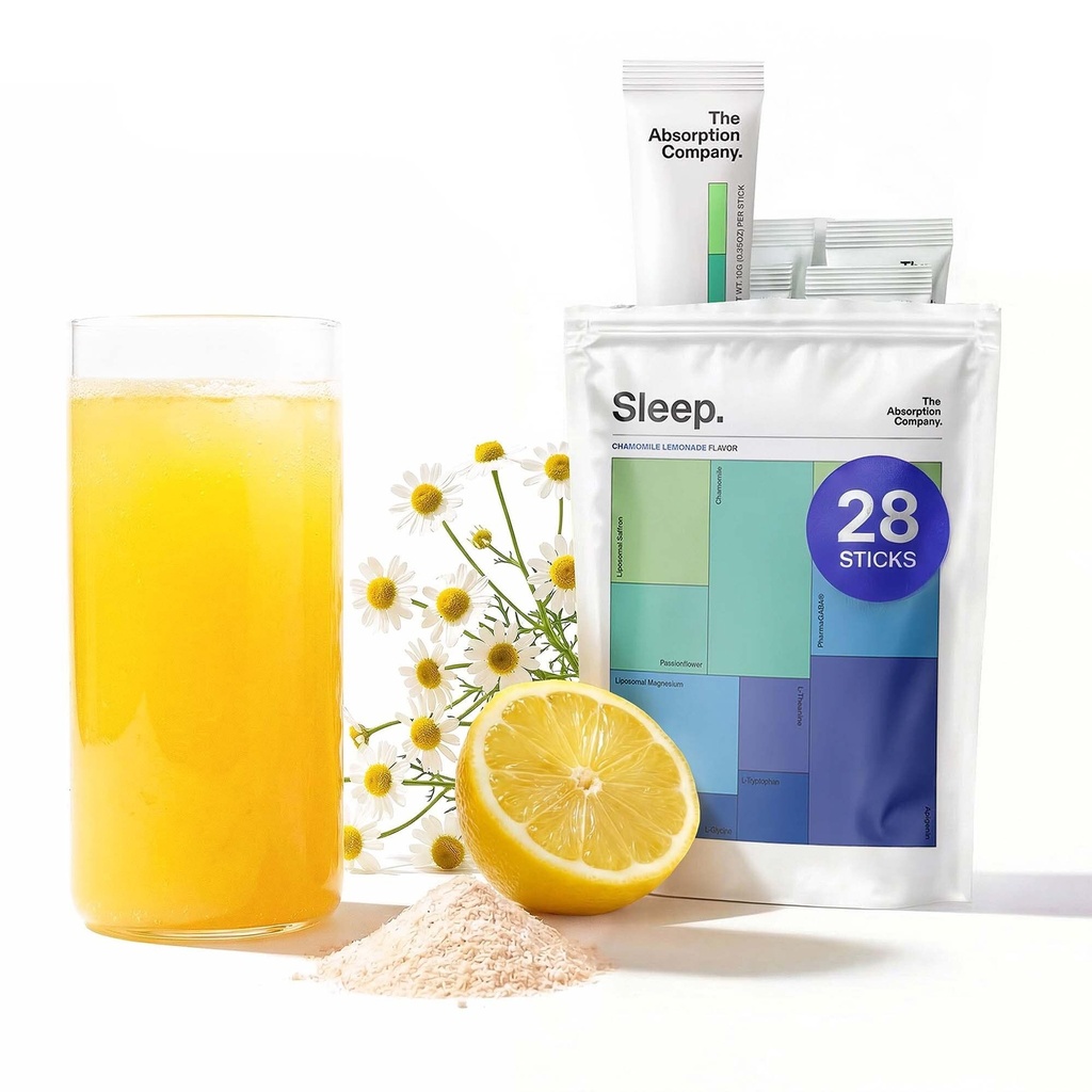 The Absorption Company Sleep Aid Powder - Calming Drink Mix Packets - 28PK | Calm Drink Mix, Stress Relief Liposomal Saffron Mix, Patch & Gummy Alternative for Insomnia, No Melatonin, Chamomile Lemonade