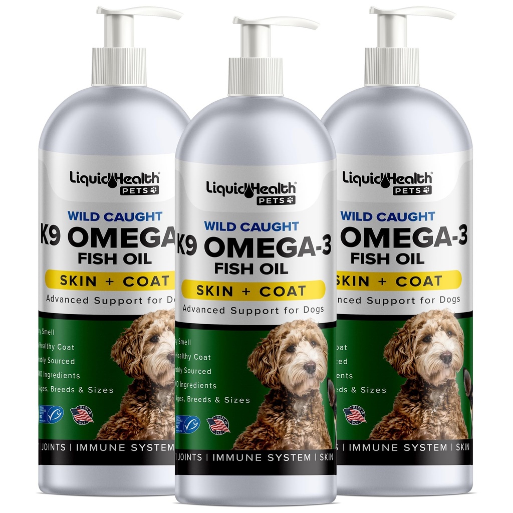 Liquid Health Pets K9 Omega 3 Fish Oil for Dogs - Υγρό Ωμέγα 3 συμπλήρωμα για τα κατοικίδια ζώα με EPA + DPA + DHA - Μείωση φαγούρα & χύτευση, αρθρώσεις υποστήριξης, ασυλία, εγκέφαλος, καρδιά υγεία - ΗΠΑ Made (3 Pack)