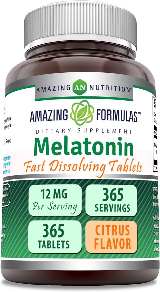 Amazing Formulas Melatonin Fast Dissolving Supplement | Citrus Flavor | 12 Mg Per Serving | 365 Tablets | Non-GMO | Gluten Free | Made in USA
