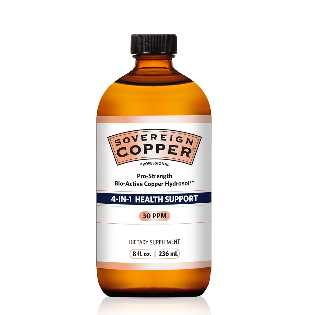 Sovereign Pro-Stength Bio-Active Copper Hydrosol - Bioavailable Copper Liquid Supplement for Adults & Kids w/Silver Hydrosol for Hair, Skin, & Nails, 30ppm - 8 fl oz (237mL)