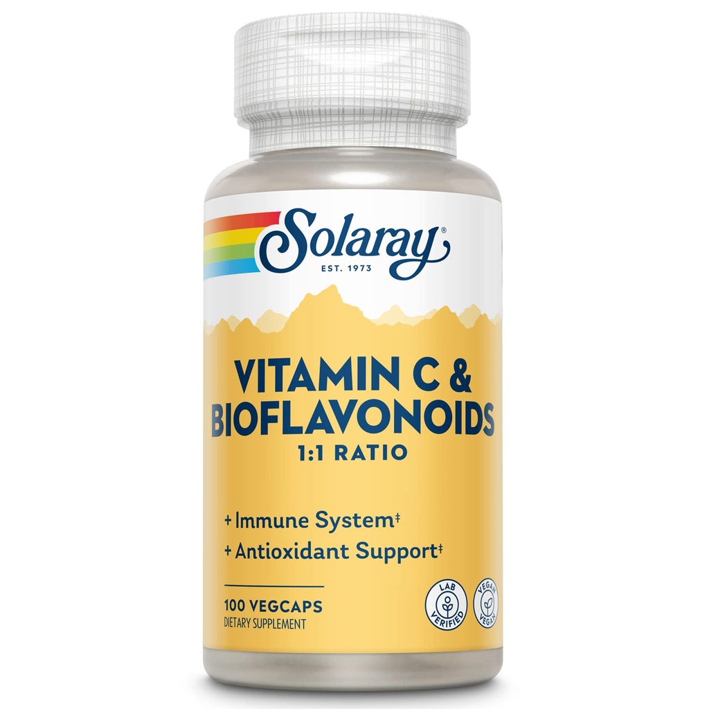 SOLARAY Vitamin C 500mg με Citrus Bioflavonoids, 1:1 Ratio - Αντιοξειδωτική και ανοσοενισχυτική υποστήριξη συμπλήρωμα - Βιταμίνη c με Rose HIPS και Acerola, Vegan, 60-Day Εγγύηση, 50 εξυπηρετούν, 100 VegCaps