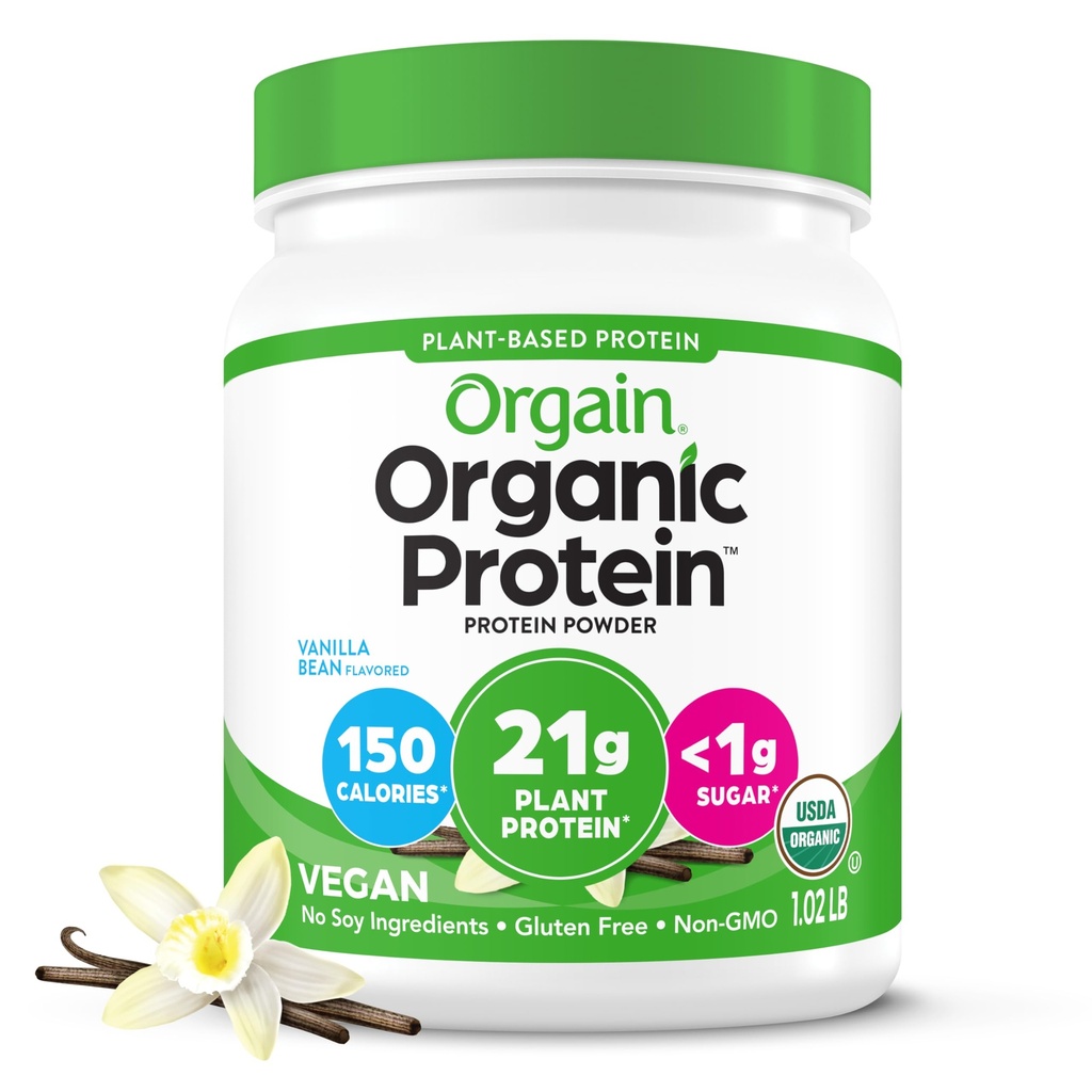 Orgain Organic Vegan Protein Powder, Vanilla Bean - 21g Plant Based Protein, 4g Prebiotic Fiber, No Lactose Ingredients, No Added Sugar, Non-GMO, For Shakes & Smoothies, 1,02 lb (Packing May Vary)