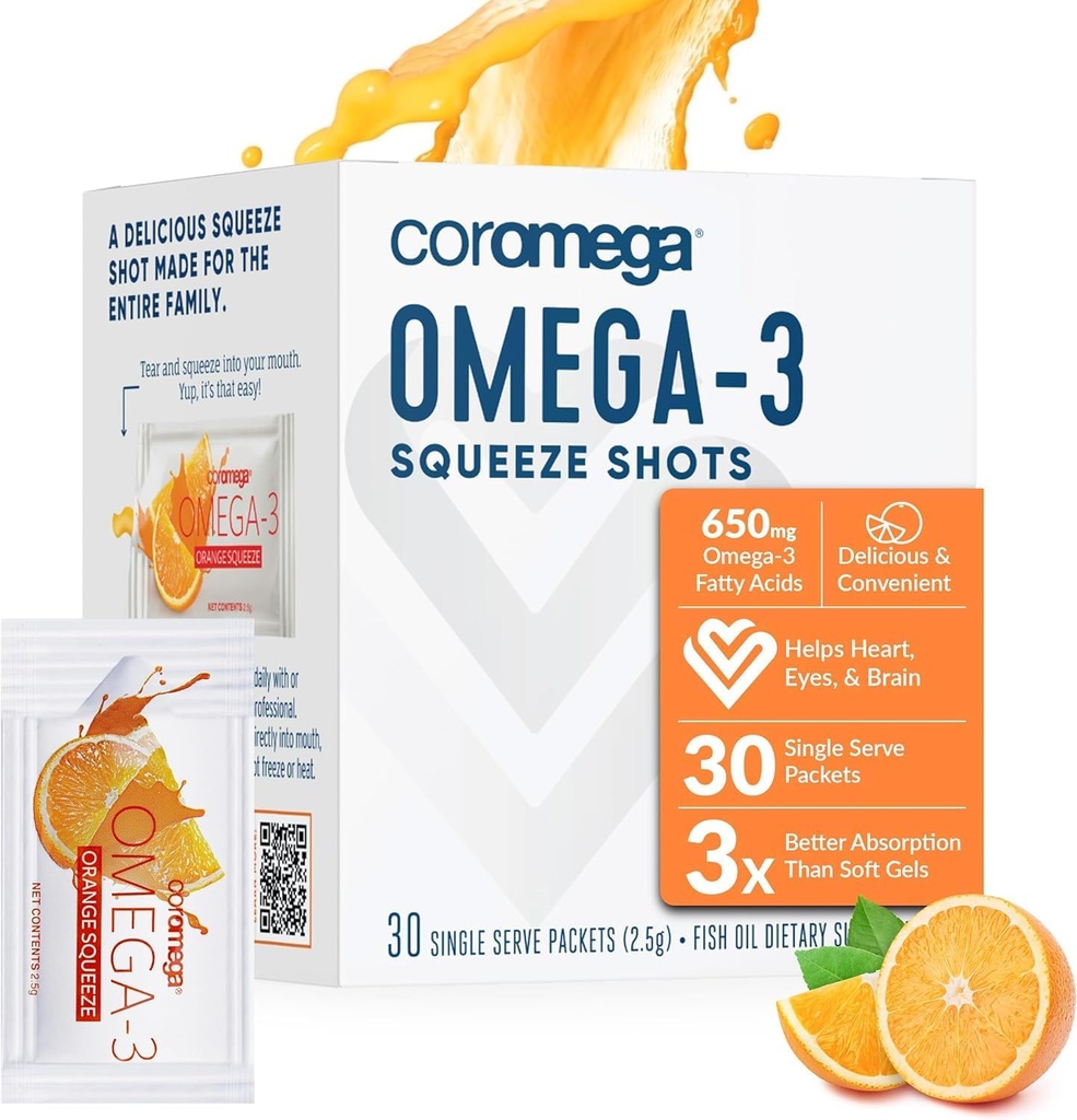 Coromega Omega 3 Fish Oil Συμπλήρωμα, 650mg Ωμέγα-3s με 3X Καλύτερη απορρόφηση από Softgels, Πορτοκαλί Γεύση, 30 Single Serv Squeeze Packets