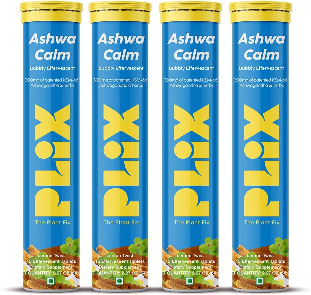 PLIX - THE PLANT FIX KSM-66 Ashwagandha 300mg Effervescent Supplements for Stress, Mood & Energy Support with Vitamin D3 & Brahmi - 60 Vegan, Non-GMO, Gluten-Free Tablets, Pack of 4