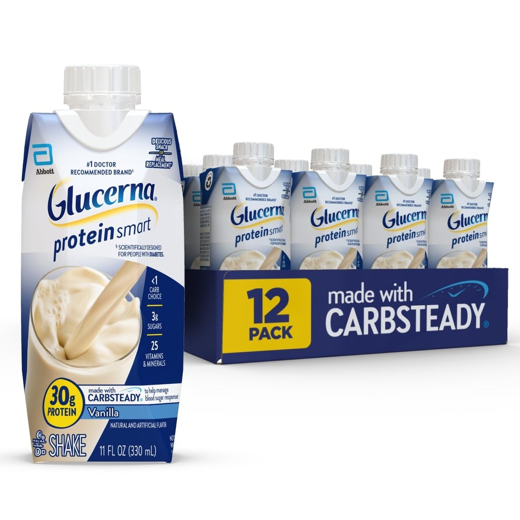 Glucerna Protein Smart Diabetes Care Shake, Βανίλια, Diabetic Meal Replacement to Support Blood Sugar Management, 30g Protein, 150 θερμίδες, Έτοιμος να πιει, 11-fl-oz μπουκάλι, 12 Pack
