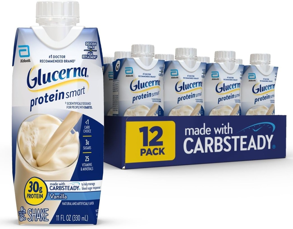 Glucerna Protein Smart Diabetes Care Shake, Βανίλια, Diabetic Meal Replacement to Support Blood Sugar Management, 30g Protein, 150 θερμίδες, Έτοιμος να πιει, 11-fl-oz μπουκάλι, 12 Pack