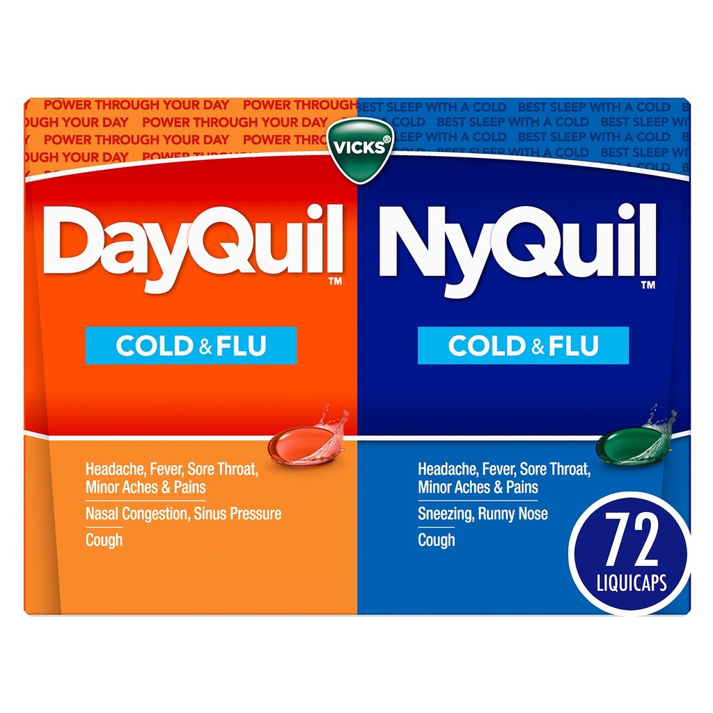 Vicks DayQuil & NyQuil Co-Pack, Ψυχρή & Γρίπη Ιατρική, Ισχυρή Multi-Συμπτώματα Μέρα & Νυχτερινή Ανακούφιση για Πονοκέφαλο, Πυρετό, Πονηρό Λαρύγγι, Ανηλίκους & Πόνους, & Βήχας, 72ct