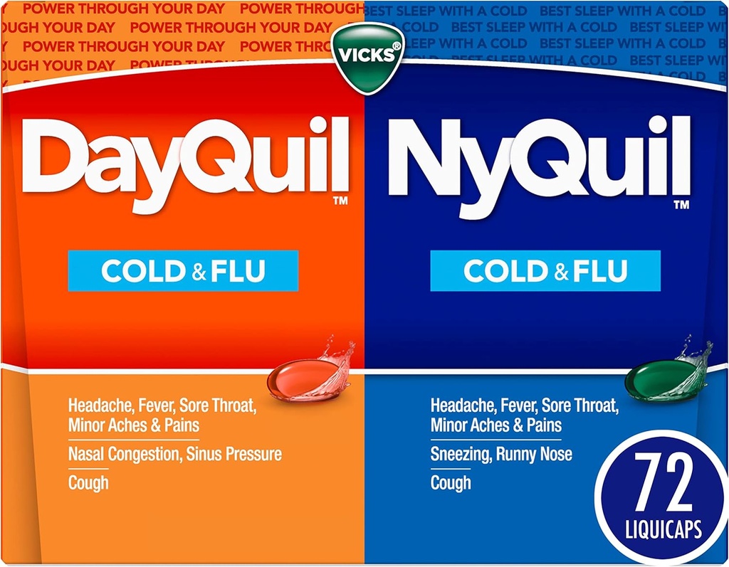 Vicks DayQuil & NyQuil Co-Pack, Ψυχρή & Γρίπη Ιατρική, Ισχυρή Multi-Συμπτώματα Μέρα & Νυχτερινή Ανακούφιση για Πονοκέφαλο, Πυρετό, Πονηρό Λαρύγγι, Ανηλίκους & Πόνους, & Βήχας, 72ct