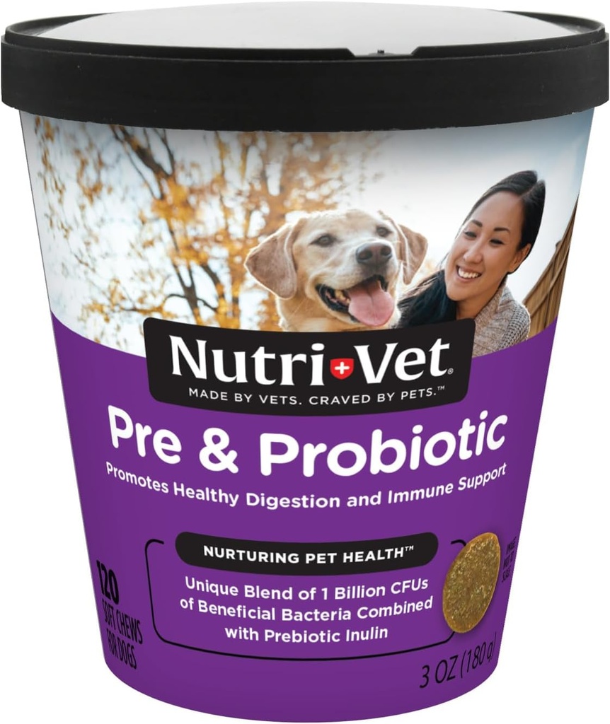 Nutri-Vet Pre & Probiotics for Dogs, Digestive Support, Upset Stomach, Puppy Probiotic, Pet Vitamins and Supplements, Dog Probiotics, Liver & Cheese Flavor, 120 Soft Chews