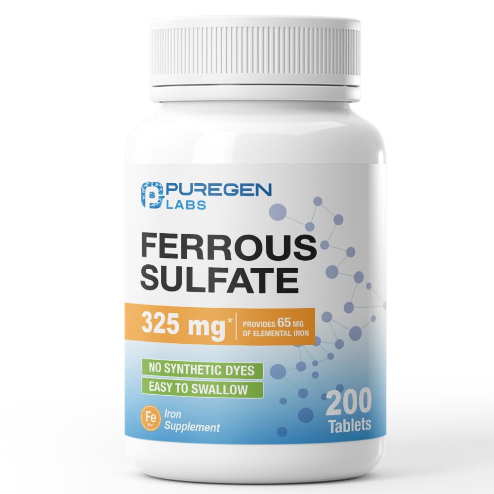 Puregen Labs Ferrous Sulfate 325 mg (65 mg Elemental Iron) High Potency Iron Supplement 
