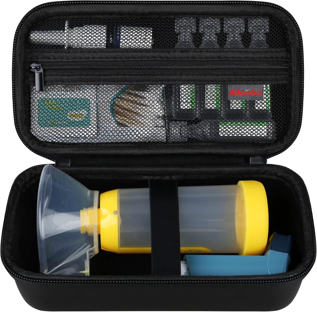 Elonbo Carrying Case ​for Asthma Inhaler, Inhaler Spacer for Kids and Adults, Masks, Inhaler Holder Asthma Travel Organize Bag, Pocket Fits Allergy Meds, Ventolin Inhaler, Black (Case Only)