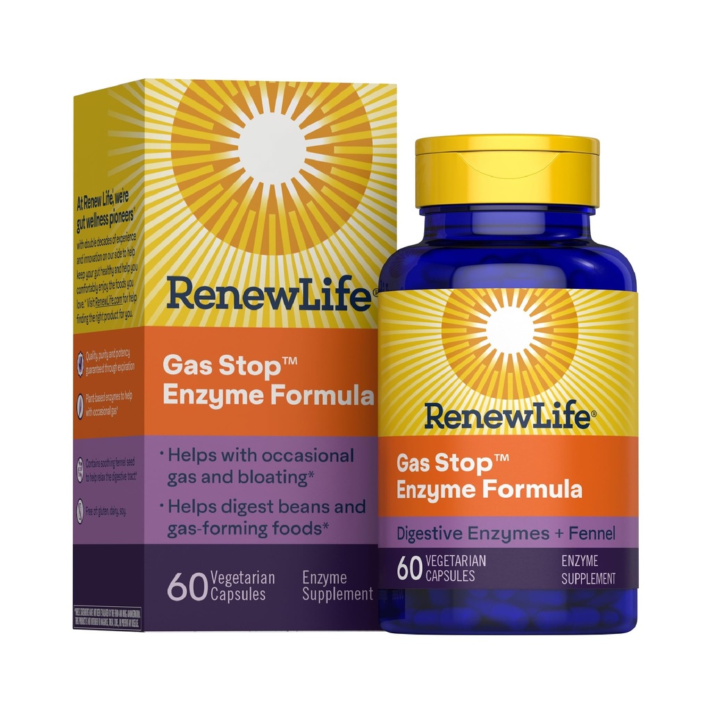Renew Life Adult Plant-based Enzyme Supplement - Φόρμουλα Ενζύμων Στάσης Αερίου, Dariy Free - 60 Κάψουλες Χορτοφαγικής