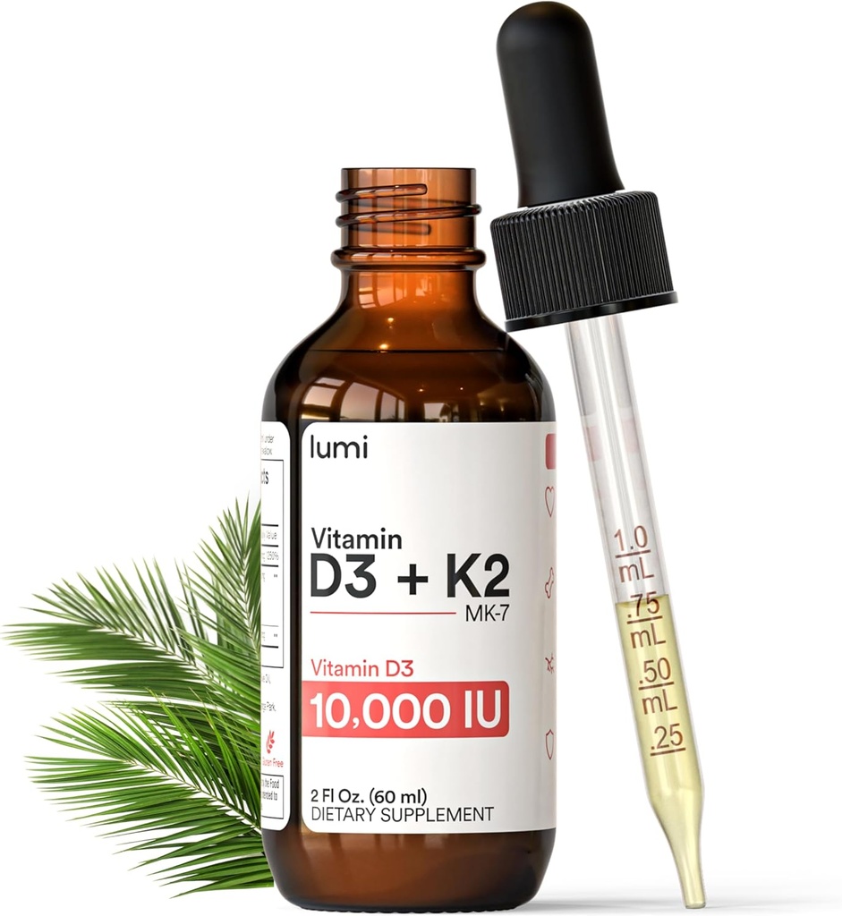 lumi Vitamin D3 K2 MK7 w Palm MCT Oil - 10000 IU D3, 200 mcg K2 MK7-60ml Λιποσωμική Απορρόφηση Υπογλώσσιες σταγόνες υγρού - Μη ΓΤΟ, Vegan, Μη αρωματισμένο υγρό - Μηνιαία προσφορά - 2 Fl Oz