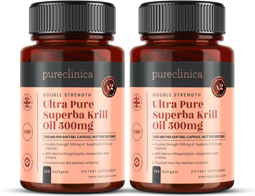 Ultra Pure Krill Oil 500mg x 240 Κάψουλες (2 Μπουκάλια) - Πηγές στα Αμόλυντα Ύδατα της Ανταρκτικής Παρέχει μια πλούσια προσφορά Ασταξανθίνης, Ωμέγα 3, και βιταμίνη D