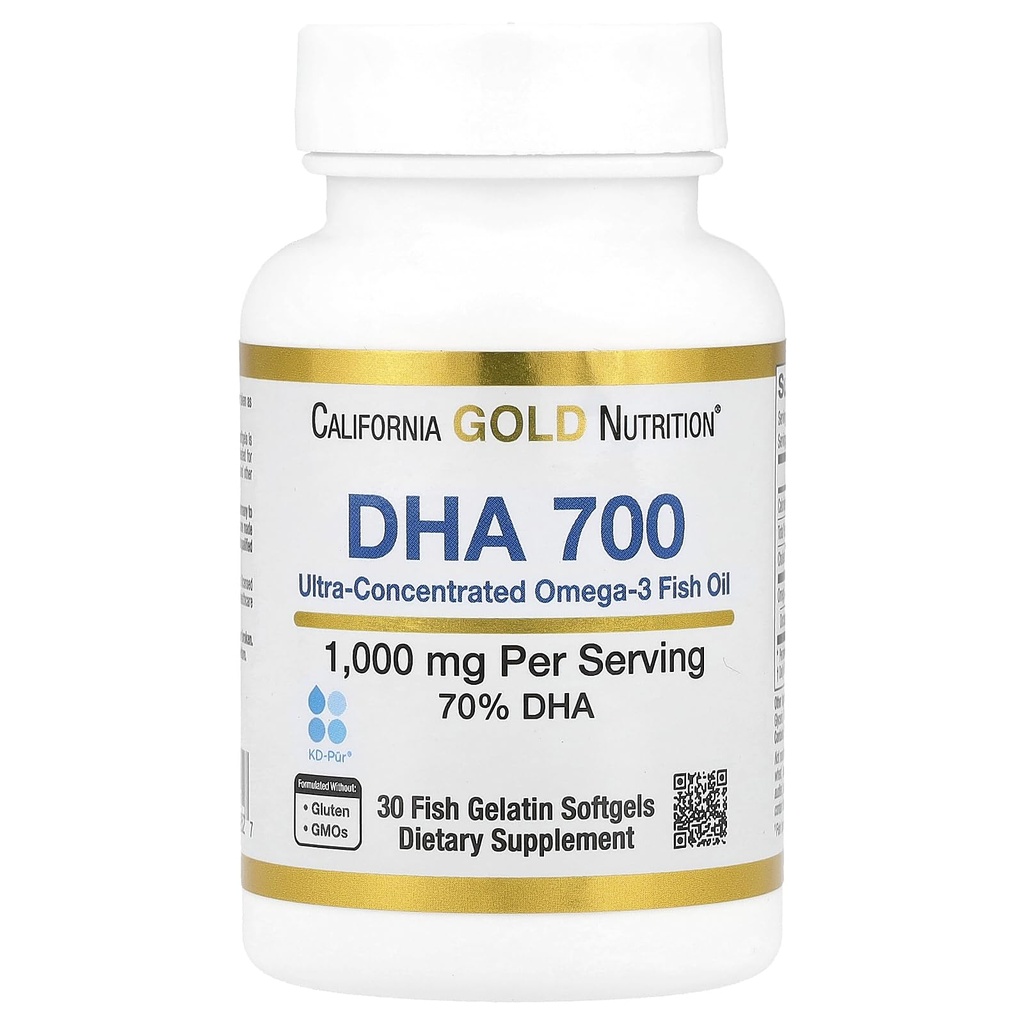 California Gold Nutrition DHA 700 Fish Oil Pharmaceutical Grade Fish Oil with DHA - Υποστήριξη για την Εγκεφαλική & Καρδιαγγειακή Υγεία - Χωρίς γλουτένη, Μη ΓΤΟ - 1000 mg - 30 Fish Gelatin Softgels