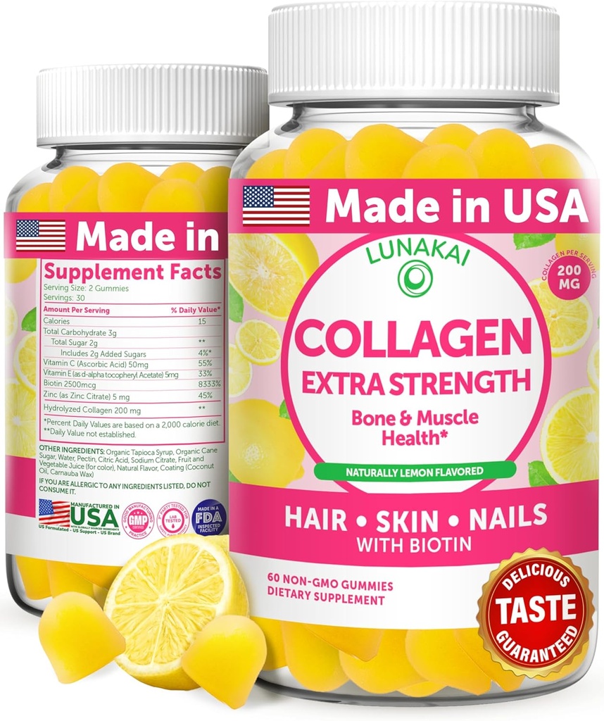 Lunakai USA Made Collagen Peptides Gummies - 200mg Μη ΓΤΟ Αντιγηραντική Φόρμουλα με Βιοτίνη, Ψευδάργυρο, Βιταμίνες C & E για Μαλλιά, Δέρμα και Καρφιά, 60ct