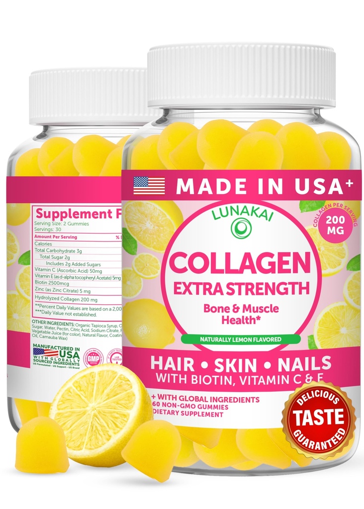 Lunakai USA Made Collagen Peptides Gummies - 200mg Μη ΓΤΟ Αντιγηραντική Φόρμουλα με Βιοτίνη, Ψευδάργυρο, Βιταμίνες C & E για Μαλλιά, Δέρμα και Καρφιά, 60ct