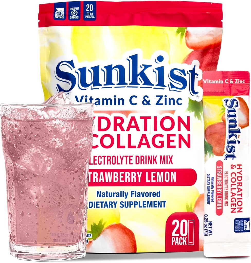 The Frozen Bean Sunkist Collagen Drink Mix - Ενυδάτωση Φράουλα Λεμόνι Ηλεκτρολύτη Ποτό για γυναίκες με βιταμίνη C, ψευδάργυρο, κολλαγόνο Πεπτίδια, Φυσικά Γεύση - 20 Pack