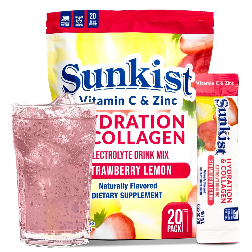 The Frozen Bean Sunkist Collagen Drink Mix - Ενυδάτωση Φράουλα Λεμόνι Ηλεκτρολύτη Ποτό για γυναίκες με βιταμίνη C, ψευδάργυρο, κολλαγόνο Πεπτίδια, Φυσικά Γεύση - 20 Pack