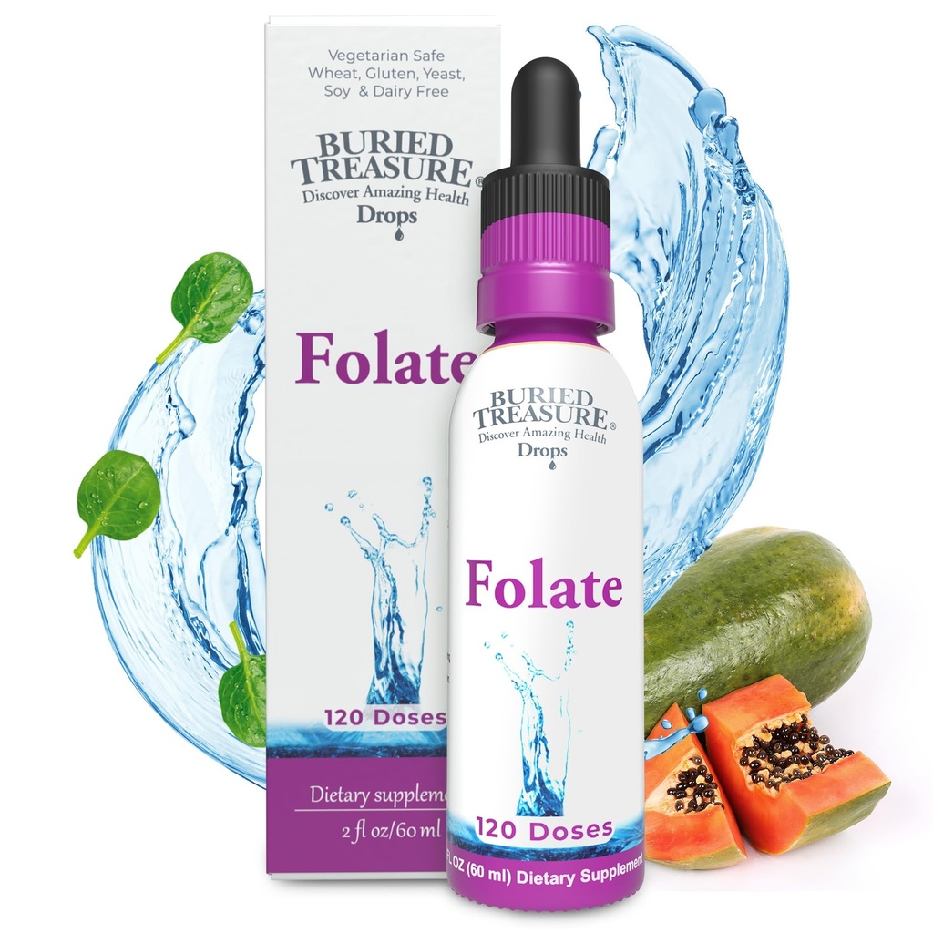 Θαμμένες σταγόνες Folate θησαυρού - μεθυλιωμένο B-9 (Calcium L-5 μεθυλοτετραϋδροφολικό), Υποστηρίζει την παραγωγή ενέργειας, την υγεία της καρδιάς, και την εγκυμοσύνη, 5-MTHF συμπλήρωμα Vegan Ασφαλής, 120 υπηρεσίες