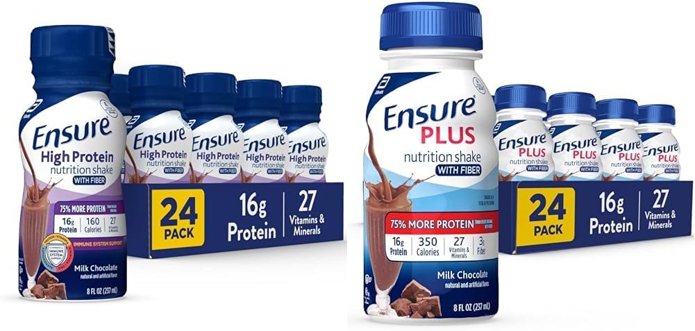 Ensure High Protein Nutritional Shake With Fiber & Ensure Plus Nutrition Shake With Fiber, 16 Grams of Protein, Meal Replacement Liquid, Milk Chocolate, gluten free, 8 Fl Oz (Pack of 24)