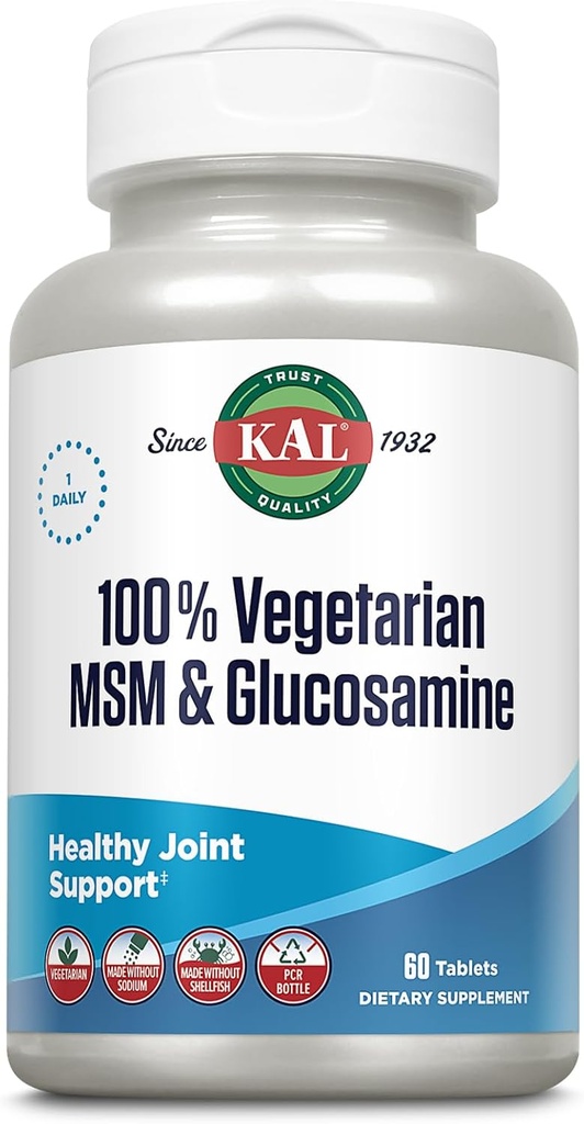 KAL 100% Χορτοφαγική MSM & Glucosamine - Υγιής Κοινή Υποστήριξη - Vegan Glucosamine και MSM συμπλήρωμα - Κατασκευάζεται χωρίς Shellfish - Lab Επαληθευμένο - Εγγύηση 60 ημερών - 60 Σερβιέτες, 60 δισκία