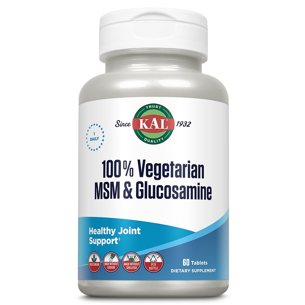 KAL 100% Vegetarian MSM & Glucosamine - Healthy Joint Support - Vegan Glucosamine and MSM Supplement - Made Without Shellfish - Lab Verified - 60 Servings, 60 Tablets