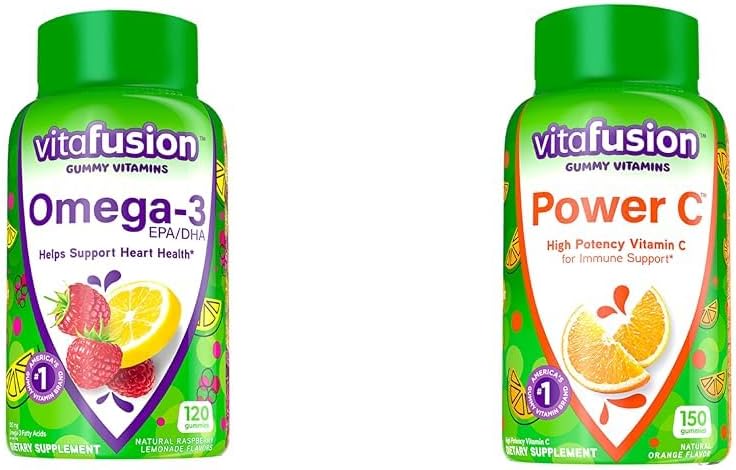 Vitafusion Omega-3 Berry Lemonade Heart Health Gummies 120 Count and Orange Flavored Vitamin C Gummies for Immune Support 150 Count