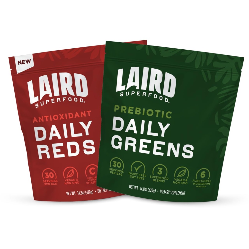 Laird Superfood Reds & Greens Bundle, Prebiotic Daily Greens και Antioxident Daily Reds Powder, 14.8oz
