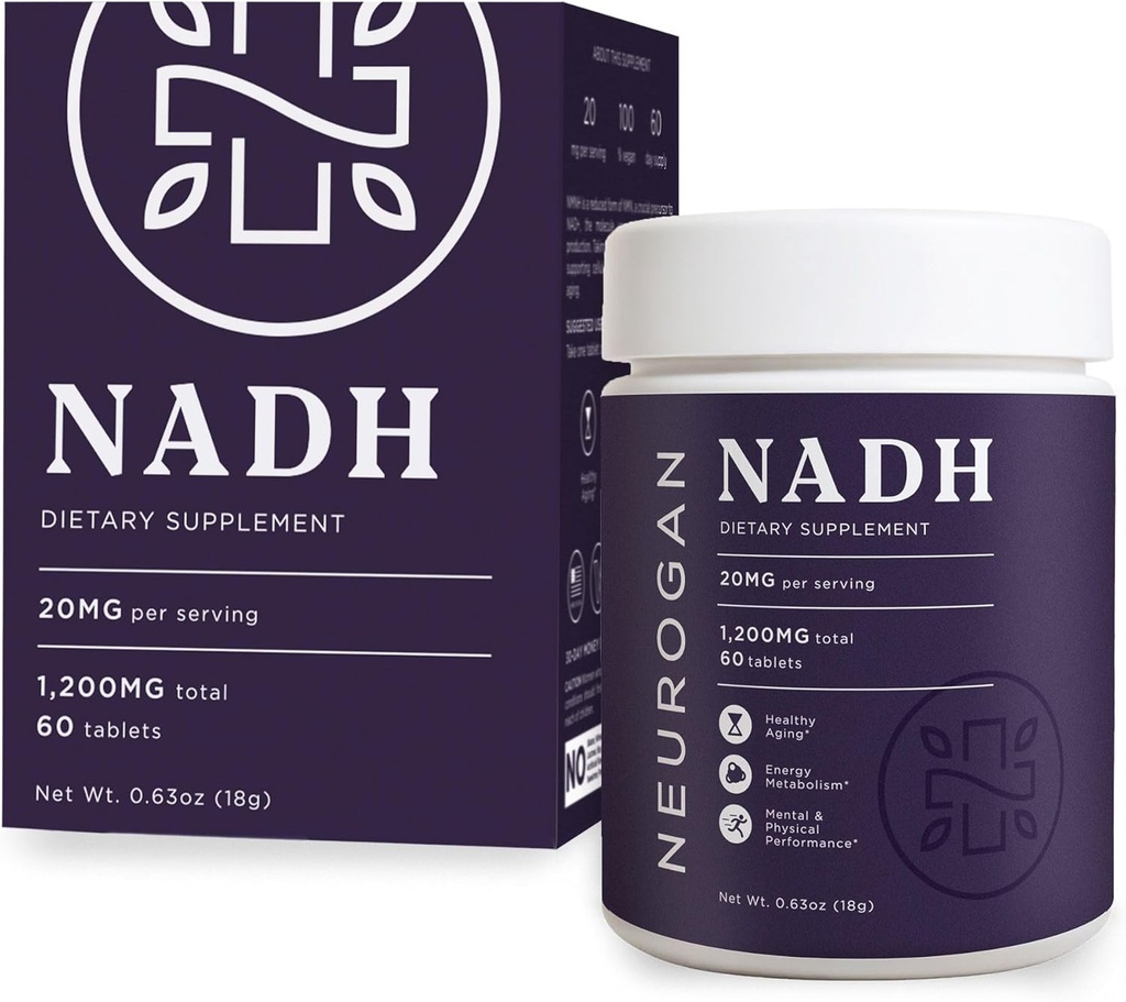 Neurogan NADH Tablets - 20mg ανά υπηρεσία, 60 Ct - Κυτταρική Ενέργεια, Υγιεινή γήρανση, Γνωστική, Καρδιακή Υγεία Συμπληρώματα - Νικοτιναμίδη Δινουκλεοτίδιο Υδρίδιο Μειωμένο συμπλήρωμα NAD
