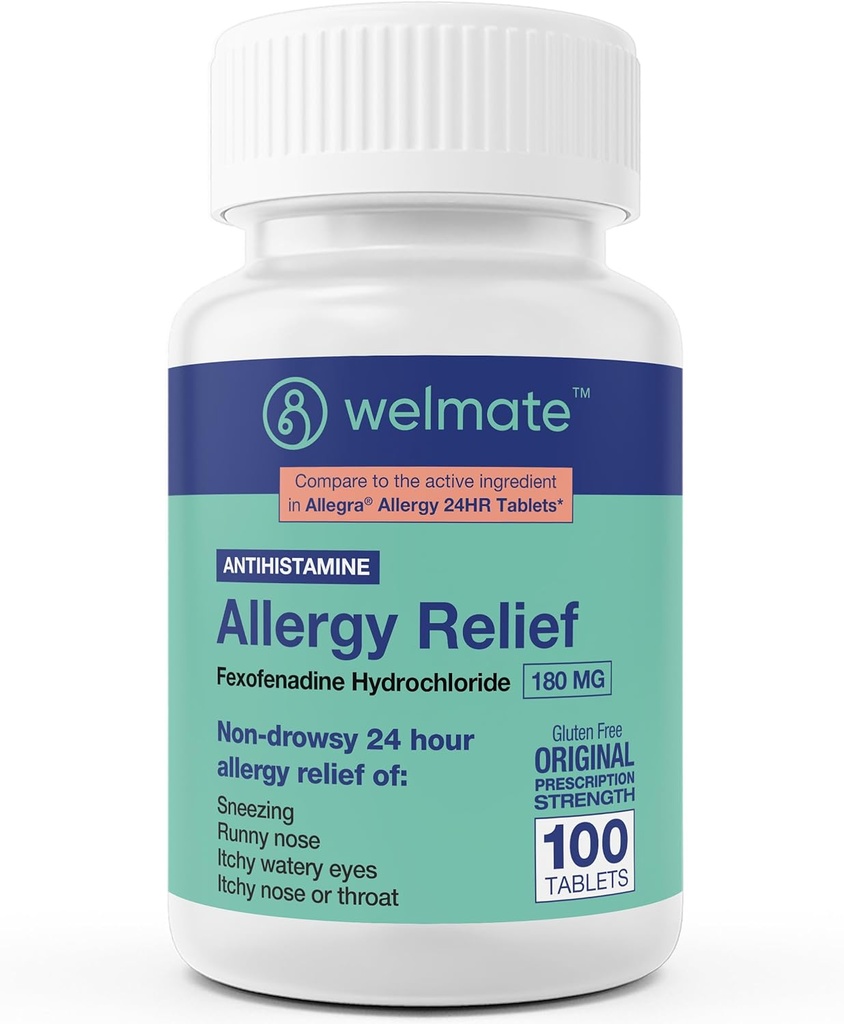 WELMATE - Αλλεργία Ανακούφιση - Fexofenadine HCl 180 mg - 24 ώρες Αντιισταμινικό Μη Νυφικό - Φτάρνισμα - Runny Μύτη - Ίτσι Μάτια, Μύτη & Λαρύγγι - Αλλεργία Ανακουφιστικά δισκία - 100 κόμης