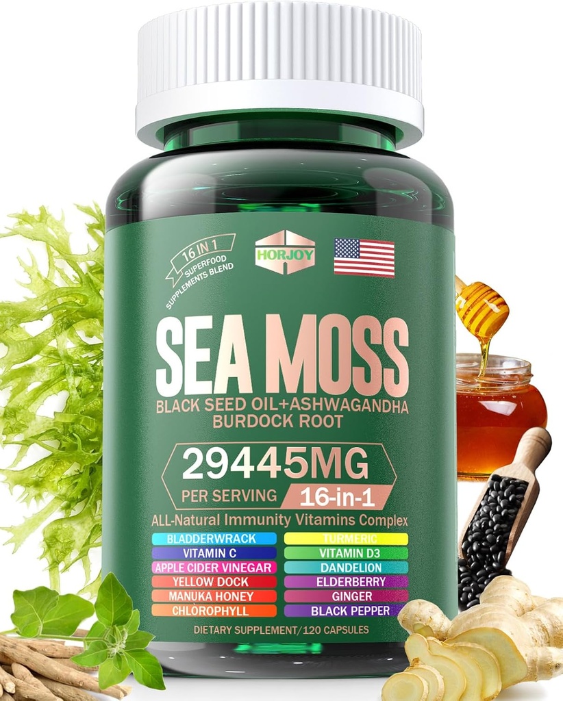 Sea Moss 12000mg Black Seed Oil 6000mg Ashwagandha 3000mg Turmeric 1000mg Bladderwrack 2000mg Burdock 3000mg & Βιταμίνη C & D3 με Elderberry Manuka Dandelion Yellow Dock Iodine Chlorophyl ACV