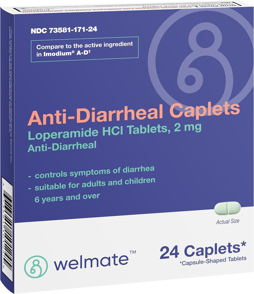 WELMATE - Αντιδιαρρηκτικές αιχμές (24 αιχμές) - Loperamide HCL 2 mg - Diarrhea Symptom Reliver - Αναστατωμένο στομαχόπονο Reliever - Αντιδιαρροϊκά χάπια - Over-The-Counter Medication