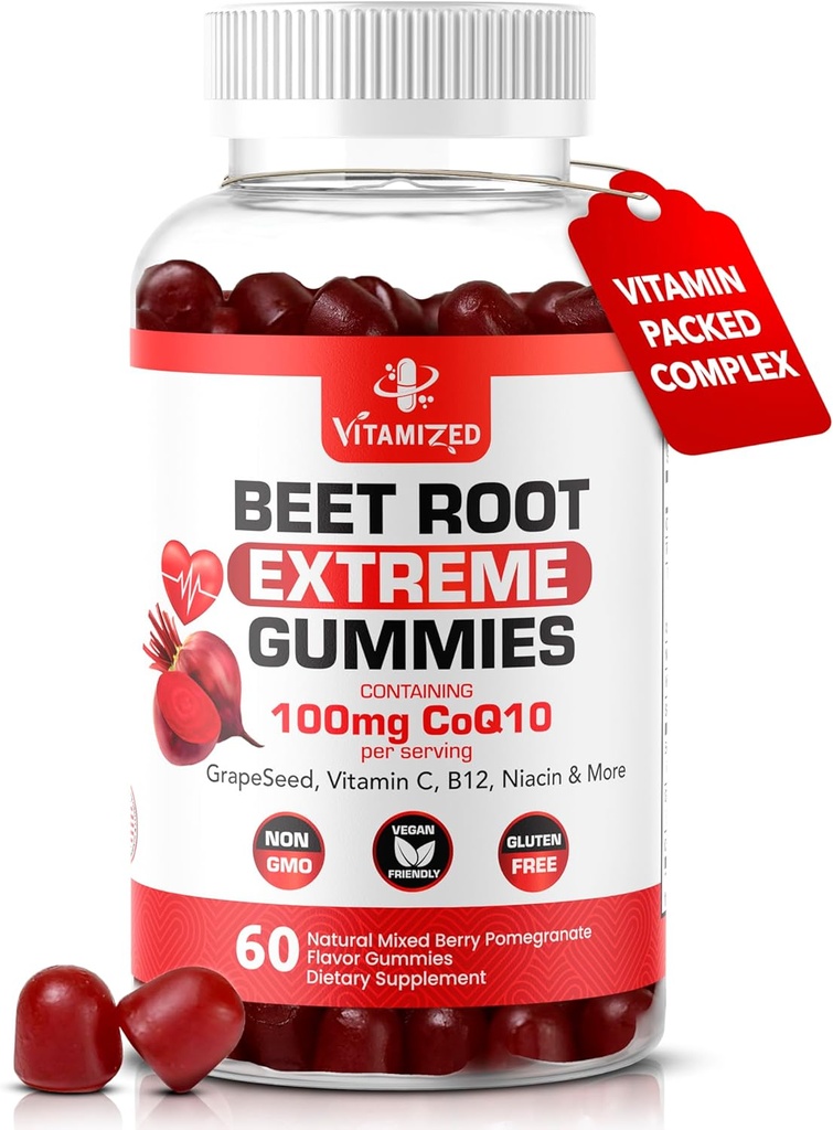 Extreme Beetroot Formula & COQ10 100mg με εκχύλισμα σπόρων σταφυλιών, για την κυκλοφορία Ενέργειας & Ροής, 1500mg Beet Root Gummies Extract Gluten Free 60