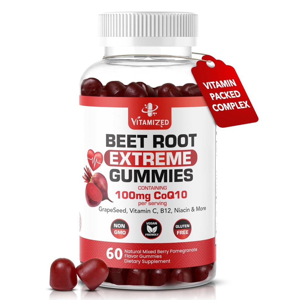 Extreme Beetroot Formula & COQ10 100mg με εκχύλισμα σπόρων σταφυλιών, για την κυκλοφορία Ενέργειας & Ροής, 1500mg Beet Root Gummies Extract Gluten Free 60
