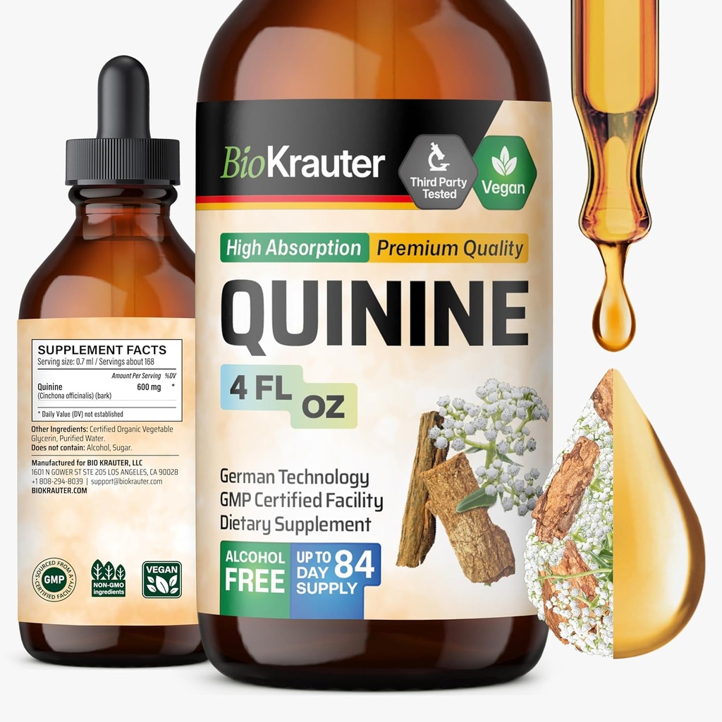 BIO KRAUTER Κινίνη για το πόδι Cramps Βάμμα - Cinchona Bark Extract - Vegan Quinine Liquid - Αλκοόλ & Ζάχαρη Χωρίς εκχύλισμα 4 fl.Oz.