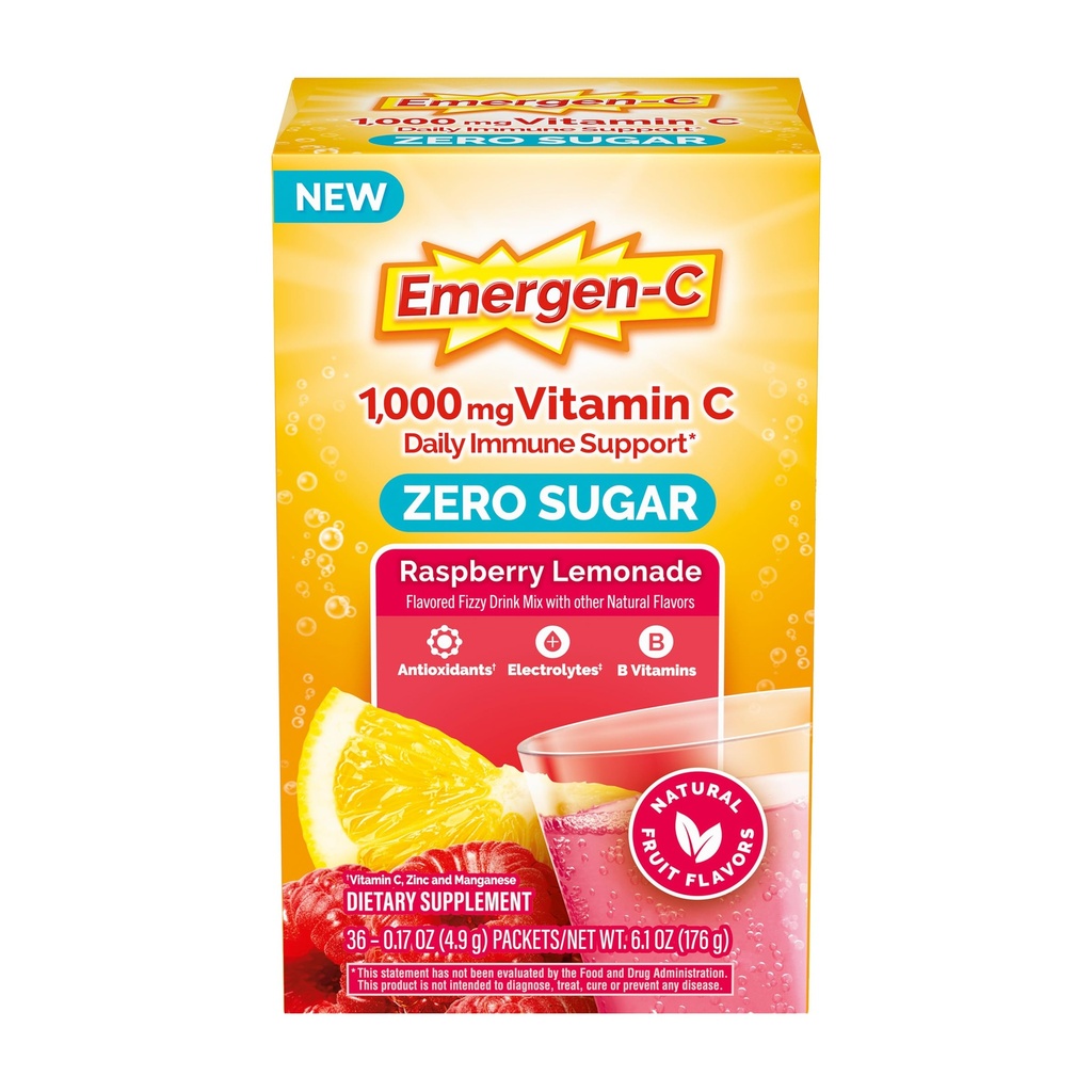 Emergen-C Zero Sugar 1000 mg Βιταμίνη C Κόνις για Ημερήσια Ανοσοποιητική Υποστήριξη Συμπληρώματα χωρίς Βιταμίνη C με Ψευδάργυρο και Μαγγάνιο, Β Βιταμίνες και Ηλεκτρολύτες, Βατόμουρο Λεμονάδα Γεύση - 36 Count