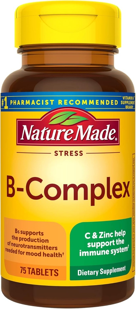 Nature Made Stress B Complex με βιταμίνη C και ψευδάργυρο, Συμπλήρωμα διατροφής για την υποστήριξη του ανοσοποιητικού, 75 δισκία, 75 Ημέρα προσφοράς