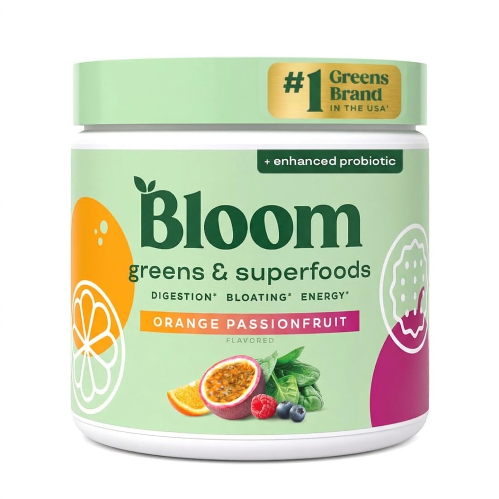 Bloom Nutrition Superfood Greens Powder, Digestive Enzymes with Probiotics and Prebiotics, Gut Health, Bloating Relief for Women, Chlorella, Juice Mix w/Beet Root Powder, 30 SVG, Orange Passionfruit