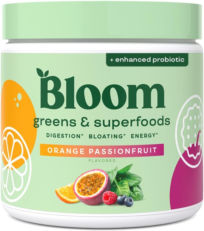 Bloom Nutrition Superfood Greens Powder, Digestive Enzymes with Probiotics and Prebiotics, Gut Health, Bloating Relief for Women, Chlorella, Juice Mix w/Bet Root Powder, 30 SVG, Orange Passionfruit