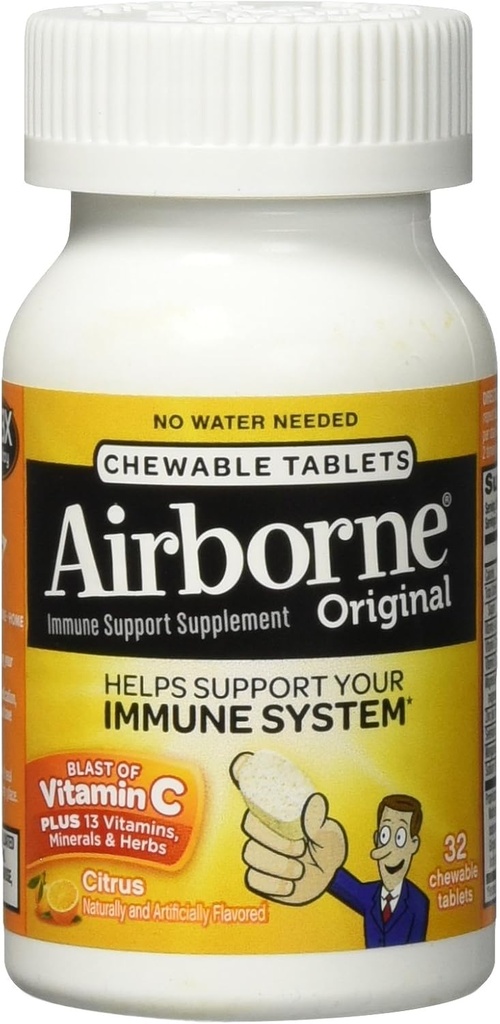 Airborne Citrus Chewable Tables, 32 number - 1000mg Βιταμίνης C - Συμπλήρωμα Ανοσολογικής Υποστήριξης (Packaging May Vary)
