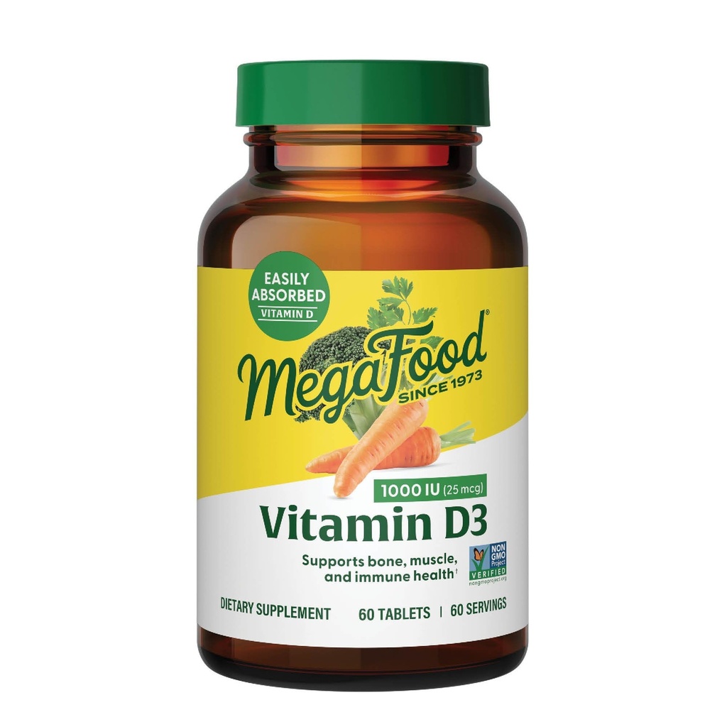 MegaFood Vitamin D3 1000 IU (25 mcg) - Βιταμίνη D συμπληρώματα με πραγματική τροφή, ανοσοποιητική υποστήριξη, υποστηρίζει οστά, δόντια & μύες, χορτοφάγους, χωρίς γλουτένη, μη GMO, Kosher – 60 δισκία, 60 σέρβις