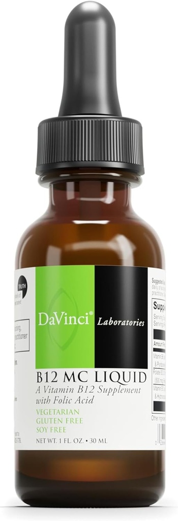 DAVINCI Labs B-12 MC Liquid - Συμπλήρωμα διατροφής για την υποστήριξη της καρδιοαγγειακής υγείας, της ενέργειας και των υγιών κυττάρων αίματος και νεύρων - με βιταμίνη Β6, Β12 και φολικό - Χωρίς γλουτένη - χορτοφαγικά - 30 ml