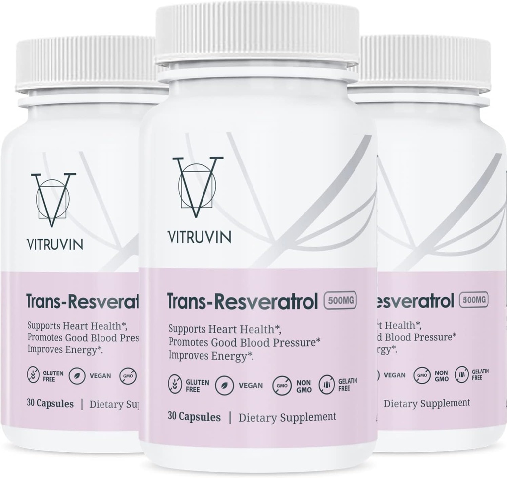 Βιτρούβιν Trans-Reεσβερατρόλη 500mg, 3 μπουκάλια πακέτο, Vegan, μη-GMO, Γλουτένη-ελεύθερο, Ζελατίνη-ελεύθερο.