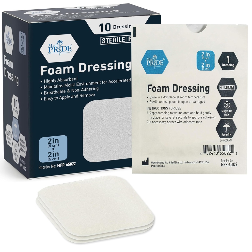MED PRIDE Sterile Foam Wound Dressings,Non-Adhesive,Waterproof,2x2 in,10-Ct